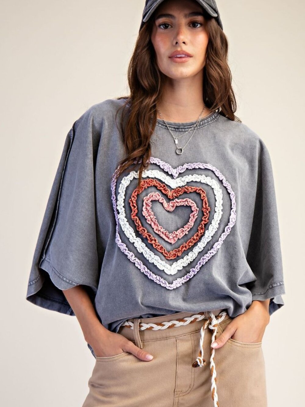 EASEL HEART MINERAL WASHED TERRY TOP SML NWT heart cotton shirt summer boho cool